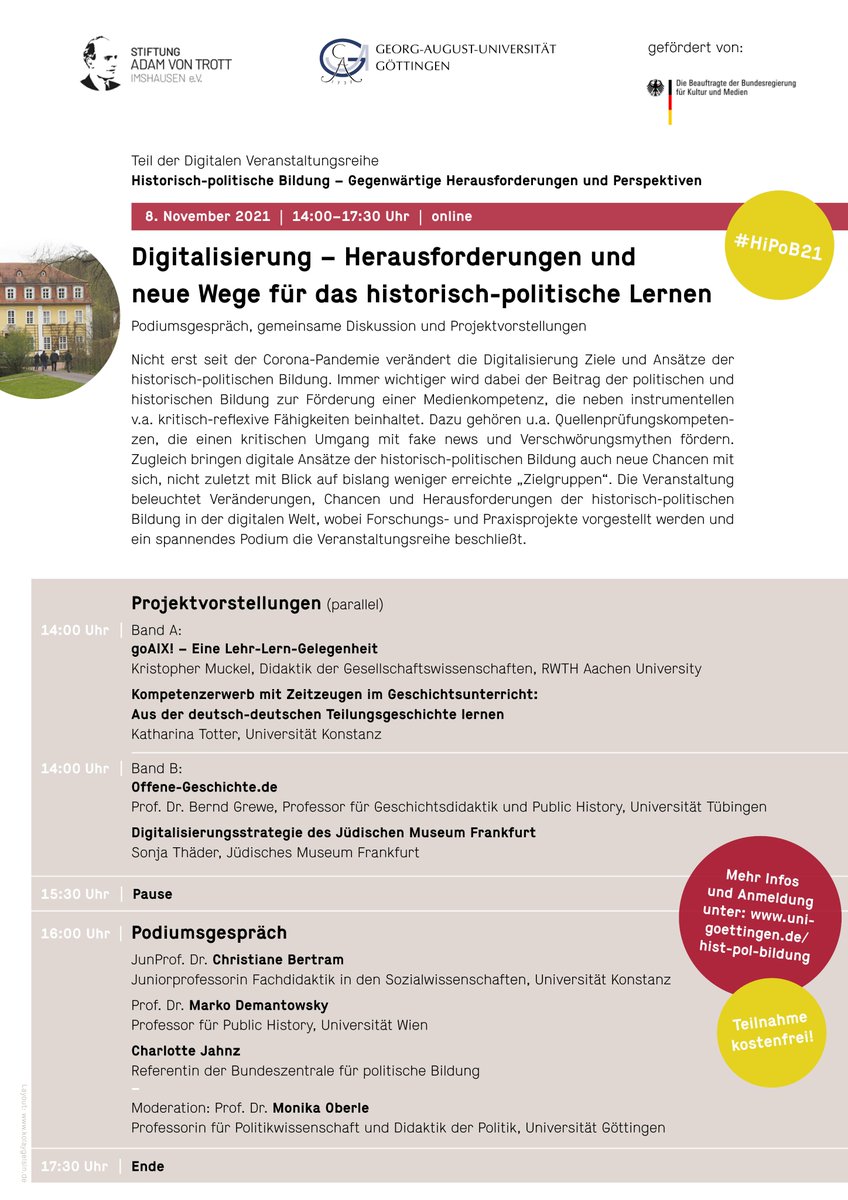 kankudai2017's tweet photo. 👇„Digitalisierung – Herausforderungen & neue Wege für das historisch-politische Lernen“ schließt am 8.11. die Veranstaltungsreihe #HiPoB21, u.a. mit @Cjahnz @Mdemantowsky @SonjaThader @jmfrankfurt @HistoBlick @StiftungTrott @UniGoettingen noch anmelden 👉https://t.co/Ki5PNwLKAT https://t.co/8i9sLkE2l8