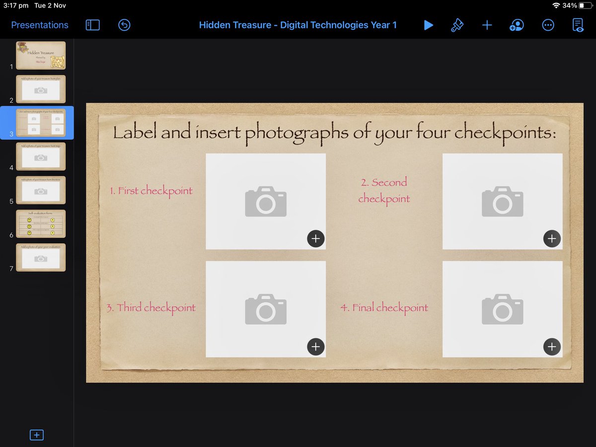 GraceDwyer0's tweet photo. Used this week’s @CEWADigLearn Keynote placeholder learning design tip to create a template for my Yr 1s to use over the next few weeks to plan, design and reflect on a treasure hunt for a friend. They loved using placeholders to add photos of their checkpoints today 📸 @AppleEDU https://t.co/vuMvfRsRpe