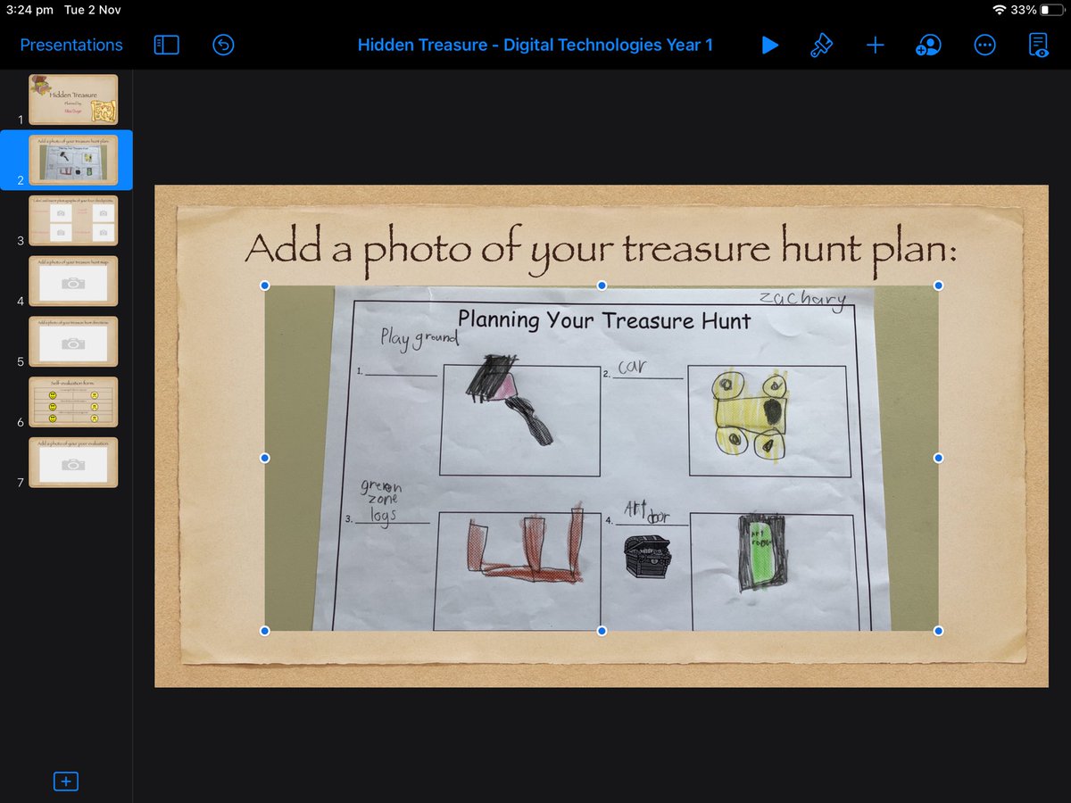 GraceDwyer0's tweet photo. Used this week’s @CEWADigLearn Keynote placeholder learning design tip to create a template for my Yr 1s to use over the next few weeks to plan, design and reflect on a treasure hunt for a friend. They loved using placeholders to add photos of their checkpoints today 📸 @AppleEDU https://t.co/vuMvfRsRpe
