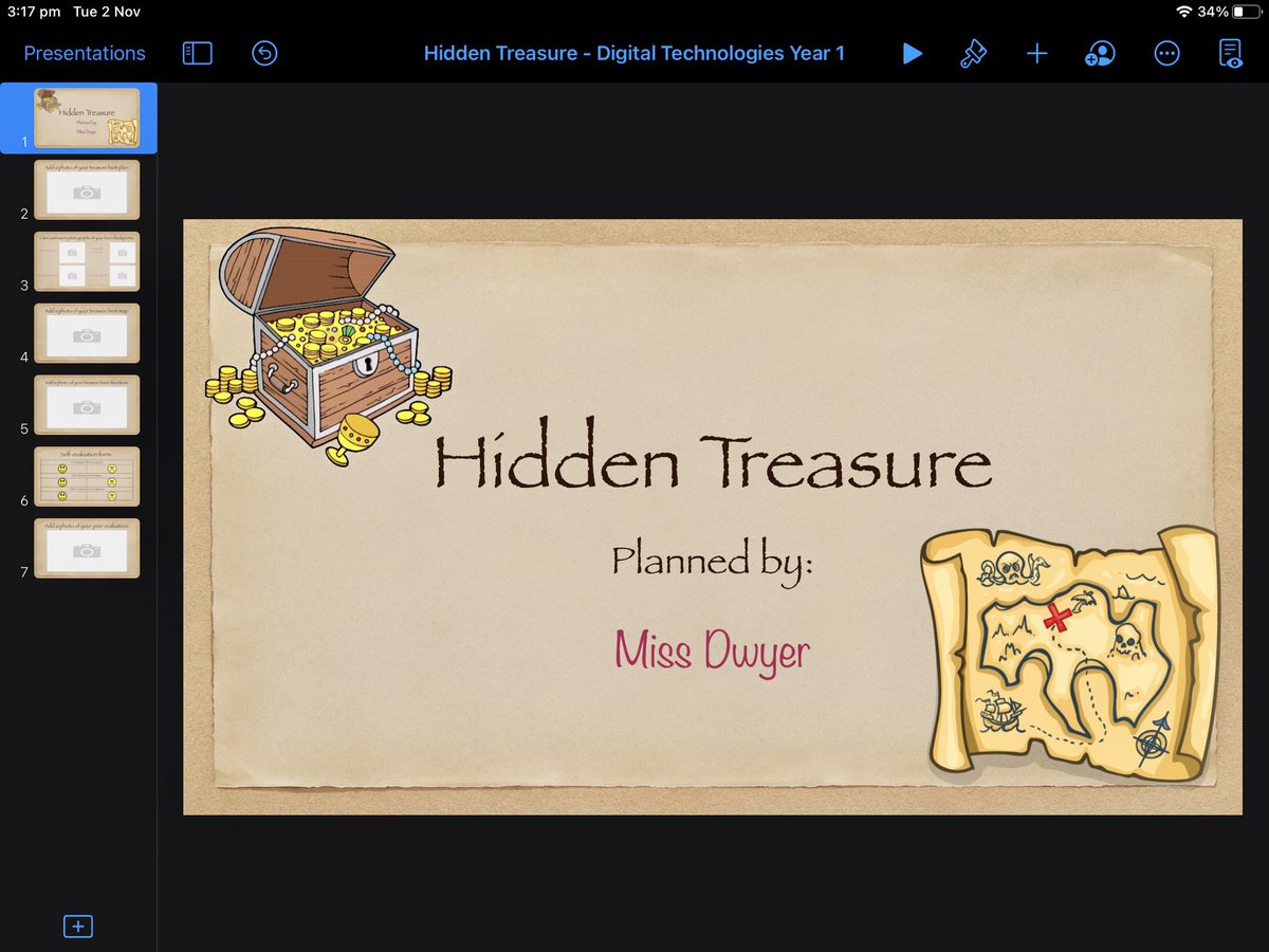 GraceDwyer0's tweet photo. Used this week’s @CEWADigLearn Keynote placeholder learning design tip to create a template for my Yr 1s to use over the next few weeks to plan, design and reflect on a treasure hunt for a friend. They loved using placeholders to add photos of their checkpoints today 📸 @AppleEDU https://t.co/vuMvfRsRpe