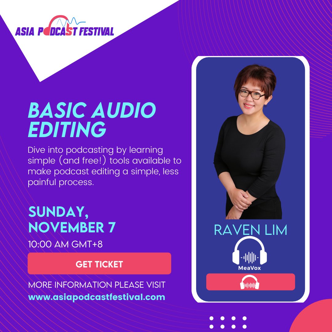 Hey guys, I will be conducting a workshop on basic podcast editing this Sunday 10am
It's great for absolute beginners of podcasting.
GET YOUR TICKETS NOW!
lnkd.in/gzRujDsz
Use promo code MEAVOX30 to sign up for my class &amp; Asia Podcast Festival
#apf2021 #asiapodcastfestival
