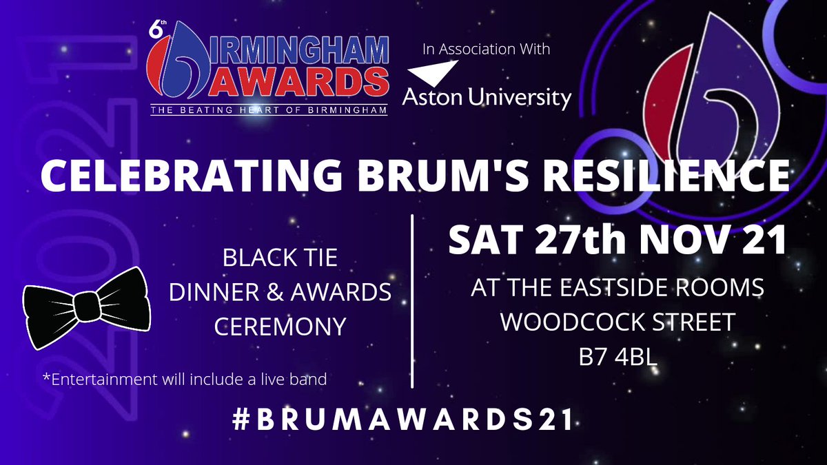 CELEBRATING BRUM'S RESILIENCE <a href="/BirminghamAward/">Birmingham Awards</a> in association with <a href="/AstonUniversity/">Aston University</a> Sat 27.11.21 @eastsiderooms

Join us &amp; meet Brum's inspiring individuals &amp; organisations, who make our city great.
ticket link: bit.ly/2ZoMnmz

#BResilient #BProud #BBrum #BrumAwards21