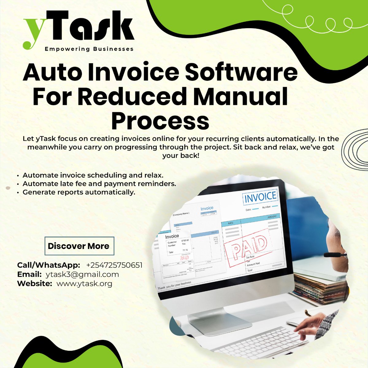 Are you tired of managing different invoice accounts for each of your business? 
•Add as many businesses as you want.
•No more need of different invoice accounts
•Eradicate from files undue expenses.
Call/WhatsApp:  +254725750651
Website: ytask.org