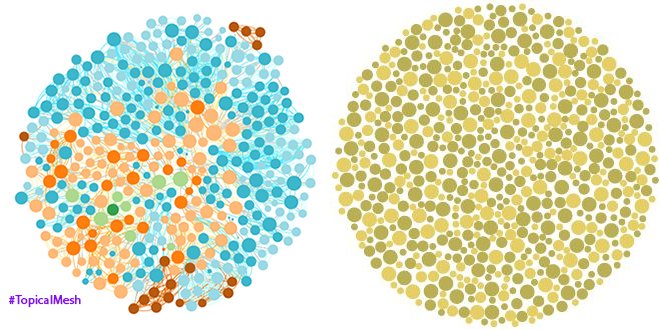 premseosea's tweet photo. 🥸 J'ai l'impression d'être chez mon ophtalmo en train de faire un test de perception des couleurs (à droite) quand je fais une visu "éclatée" (sans chevauchement, avec liens internes tracés) de mon #coconMemantique en #SEO ❇️ #TopicalMesh https://t.co/tyQ2flqsEz