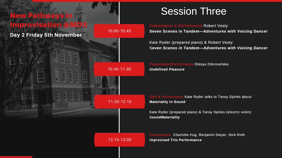 New Pathways in Improvisation @MDX (@pathways_in) on Twitter photo Tune in for Session Three (5 Nov-10am) of New Pathways in Improvisation@MDX. Featuring @robvesty <a href="/InfoMusikate/">Kate Ryder</a> Olesya Zdorovetska, Tansy Spinks, <a href="/dwyer_benjamin/">Benjamin Dwyer</a> <a href="/CharlotteHugArt/">Charlotte Hug</a> & <a href="/Kaiameye/">Nick Roth</a> Tune in for Session Three (5 Nov-10am) of New Pathways in Improvisation@MDX. Featuring @robvesty <a href="/InfoMusikate/">Kate Ryder</a> Olesya Zdorovetska, Tansy Spinks, <a href="/dwyer_benjamin/">Benjamin Dwyer</a> <a href="/CharlotteHugArt/">Charlotte Hug</a> & <a href="/Kaiameye/">Nick Roth</a>