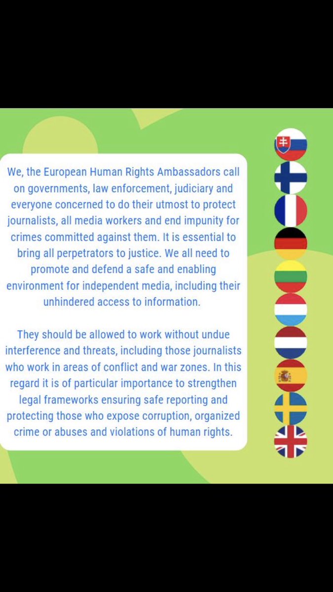 Our group of  #EuropeanHumanRightsAmbassadors from 🇫🇮🇫🇷🇩🇪🇱🇹🇱🇺🇳🇱🇸🇰🇪🇸🇸🇪🇬🇧marks the International Day to End Impunity for Crimes Against Journalists with a joint statement calling on all stakeholders to protect journalists & to bring perpetrators to justice. #safetyofjournalists