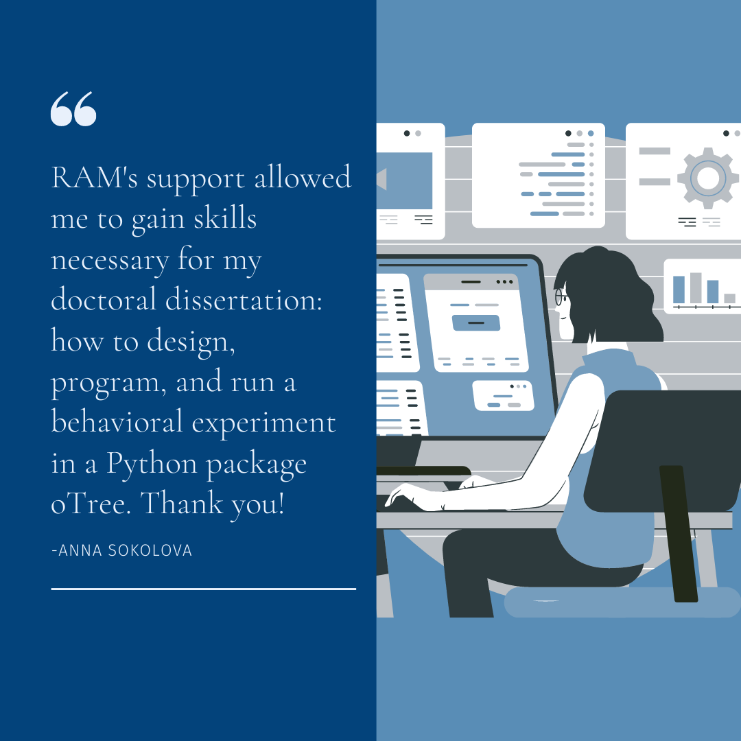 ram_ev's tweet photo. "RAM's support allowed me to gain skills necessary for my doctoral dissertation: how to design, program, and run a behavioral experiment in a Python package oTree. Thank you!" (Anna Sokolova) #testimonialtuesday #rationalealtruisten #ram #rammannheim https://t.co/YY97ywhEeQ