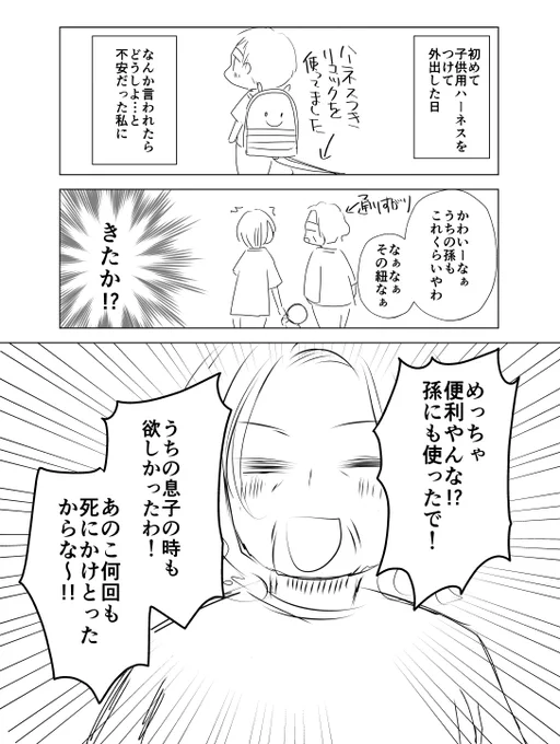子供用ハーネスを初めてつけて外出した日に、通りすがりの子育て経験者の年配女性に言われた一言で「絶対にこの命綱を離さない」と思った話です。 