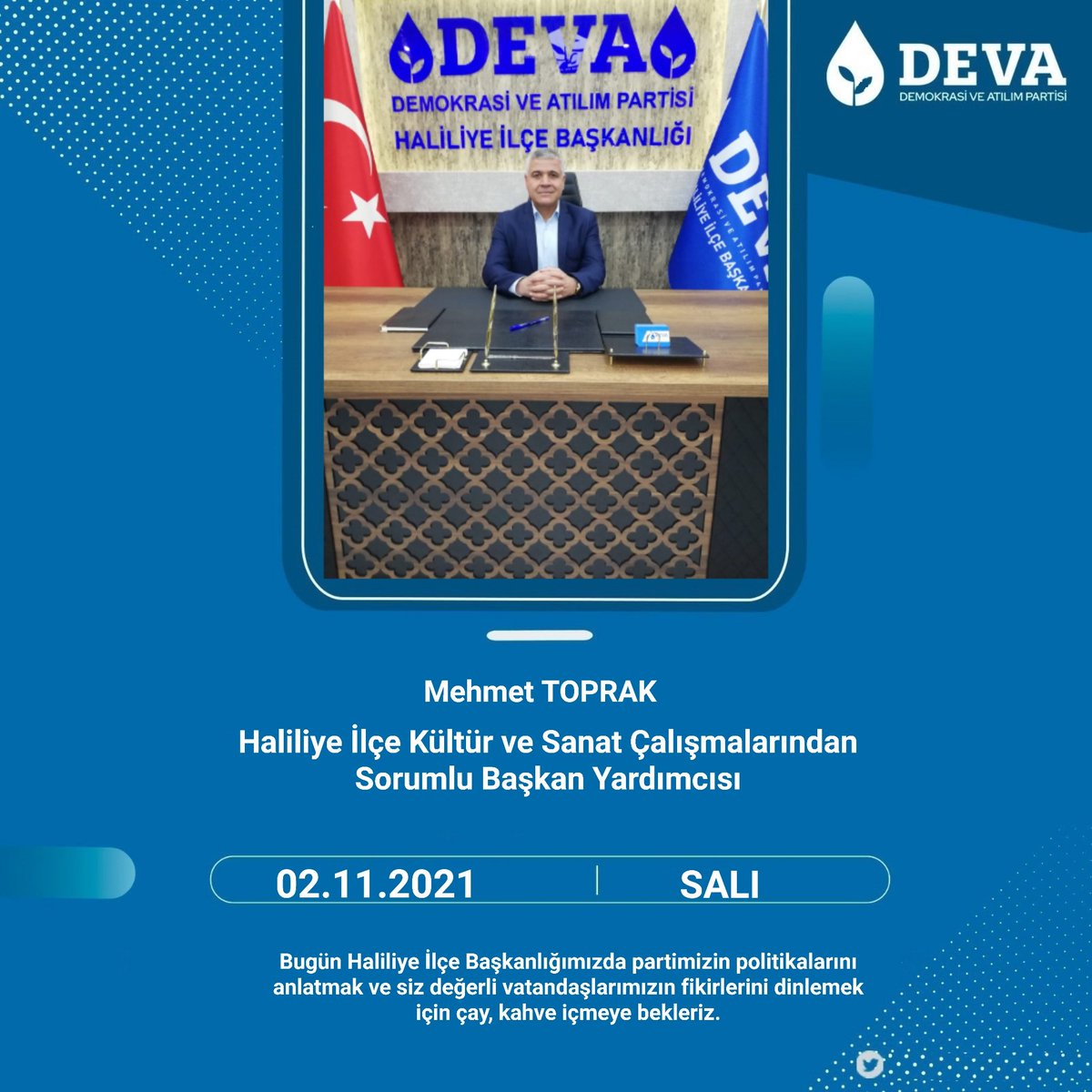 Bugün sizleri ilçe binamızda başkan yardımcılarımızdan <a href="/MehmetT94353330/">Mehmet Toprak</a> karşılayacak.💧🌱 
<a href="/erginsadullah/">Sadullah Ergin</a> <a href="/emin_ekmen/">Mehmet Emin Ekmen</a> <a href="/ikramDincer/">İkram Dinçer</a> <a href="/A_Karakecili/">Abdulhamid Karakeçili</a>