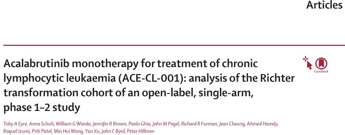 tobyeyre82's tweet photo. Pleased to share #acalabrutinib in #Richters transformation in @TheLancetHaem 

Difficult to Rx population
ORR 40%
Some durable responses seen
Well tolerated
Targeting BTK valuable
Combination + improved biomarker-driver approaches needed! #lymsm #CLL

https://t.co/zWdS0he1vo https://t.co/EpMKeXDCab
