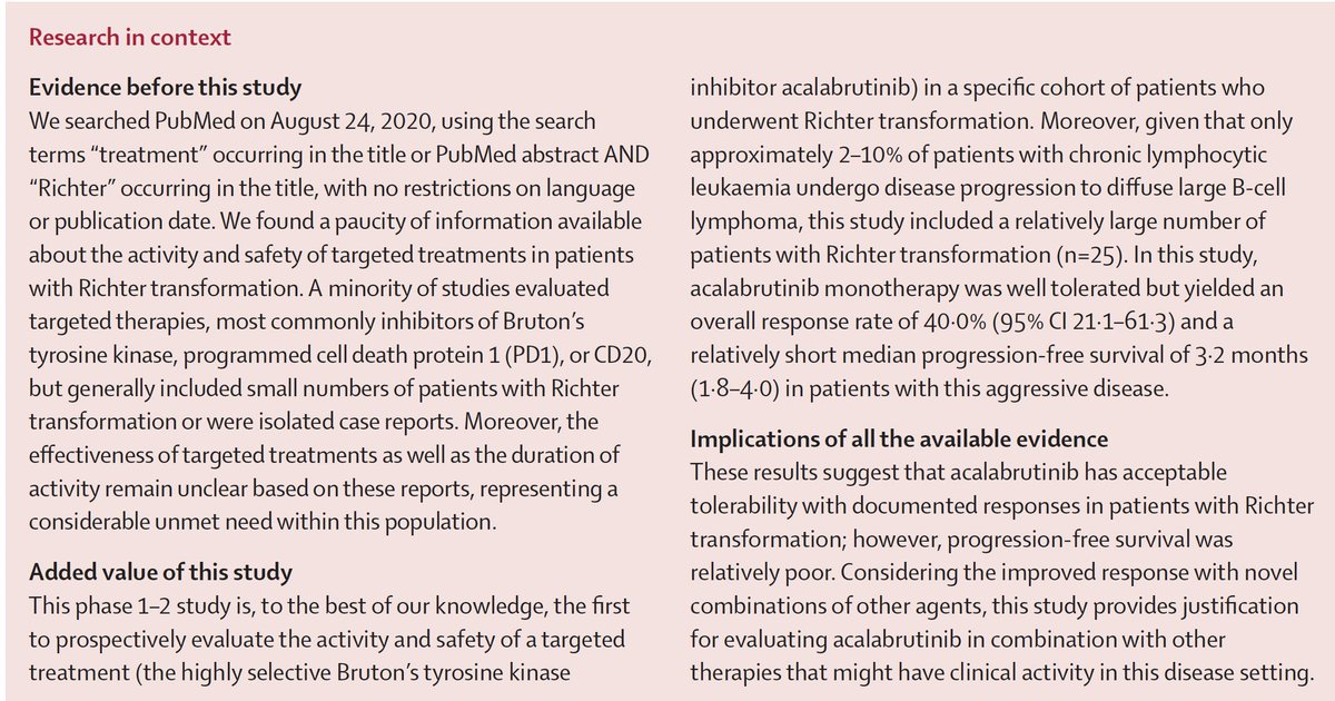 tobyeyre82's tweet photo. Pleased to share #acalabrutinib in #Richters transformation in @TheLancetHaem 

Difficult to Rx population
ORR 40%
Some durable responses seen
Well tolerated
Targeting BTK valuable
Combination + improved biomarker-driver approaches needed! #lymsm #CLL

https://t.co/zWdS0he1vo https://t.co/EpMKeXDCab
