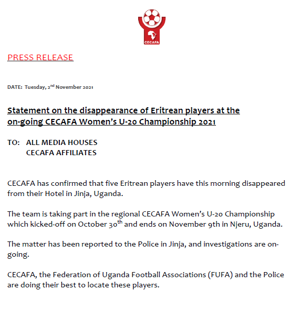 CECAFA has confirmed that 5 players from the Eritrean 🇪🇷 female football team have this morning disappeared from their Hotel in Jinja, Uganda 🇺🇬   

The players are part of the team competing at the ongoing CECAFA Women U-20 Championship in Uganda 🇺🇬. 

<a href="/cityfmjuba/">88.4 City FM Juba</a>