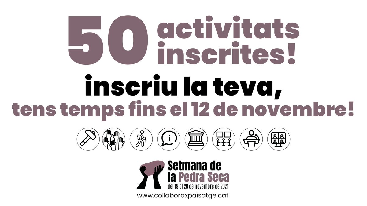 🔝La #SetmanadelaPedraSeca arriba a les 50 activitats!
✅Tallers, cursos,⛏️restauracions i jornades de voluntariat.
✅Xerrades, exposicions i concursos📷.
✅Rutes,🚶‍guiades, itineraris amb 🍷, sortides escolars, familiars... 
✍️Fins el 12/11‼️
🔍bit.ly/3nkW6Ef