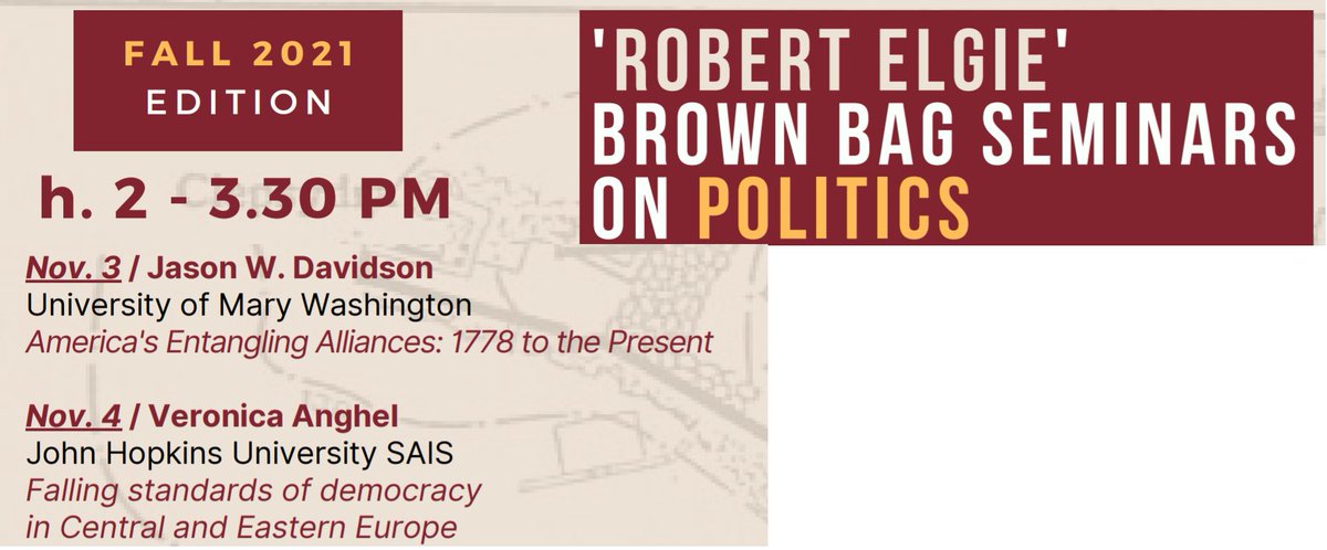 sisp__'s tweet photo. ๐
#eventsfortheweek โคต
โผ 'Robert Elgie' brown bag seminars on #politicsโผ @BagSapienza
๐ 3.11.2021 @profjwdavidson on American entangling #alliances
๐4.11.2021 @anghel_v1 on Falling democratic standards in Central & Eastern Europe
Info at: brownbagsapienza@gmail.com https://t.co/qnZuboPpxw