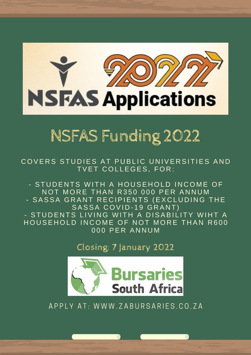 SABursaries's tweet photo. NSFAS Applications are now OPEN! Apply here: https://t.co/H8saSJGG2y

Covers studies at public universities and TVET colleges (see website link or poster for more details)
Closing: 7 January 2022

#NSFAS #NSFASApplication #NSFAS2022 #bursary #bursaries #SABursaries #ZABursaries https://t.co/PYTPHmXlLN