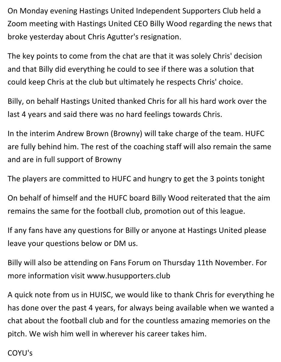 HastingsUtd_ISC's tweet photo. HUISC had a meeting with @hastingsufc regarding the news that broke yesterday regarding Chris Agutter.

Please read the below statement

DM us with any questions or visit https://t.co/UzXVz31tmV 

#HUFC #HastingsUnited #HUISC #SupportersClub #BreakingNews https://t.co/2Hi3TN0lmX