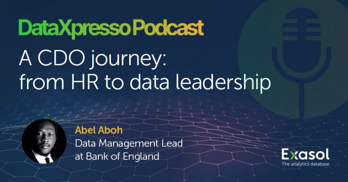 abel_DMChampion's tweet photo. A CDO journey? If you do fancy stepping into data leadership in any industry, this DataXpresso podcast episode is highly recommended by @ExasolAG #CDO #DataLeadership #DataDreamer #DataManagement #Industry #Data #DataDrivenTechnologies #FinancialServices #CDOJourney https://t.co/8qpB8wpcYW