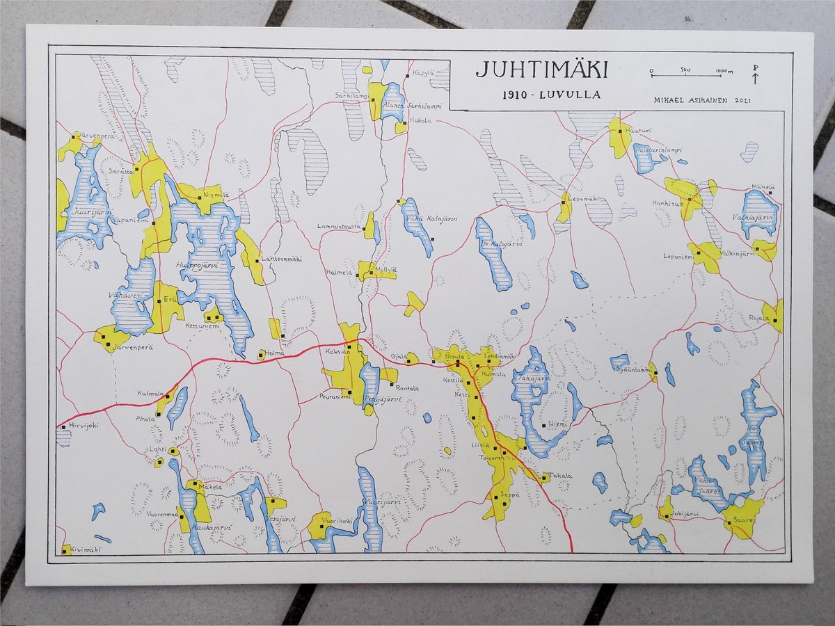orbigraphia's tweet photo. A recent commission - a new historical map of Juhtimäki village in Ikaalinen. House locations, fields and roads from 1911 map, accurate lakes and rivers from modern maps, labels from 50's map, style from 20's maps. All compiled with light box to an exact hand drawn map. https://t.co/qcfsh9sUsS
