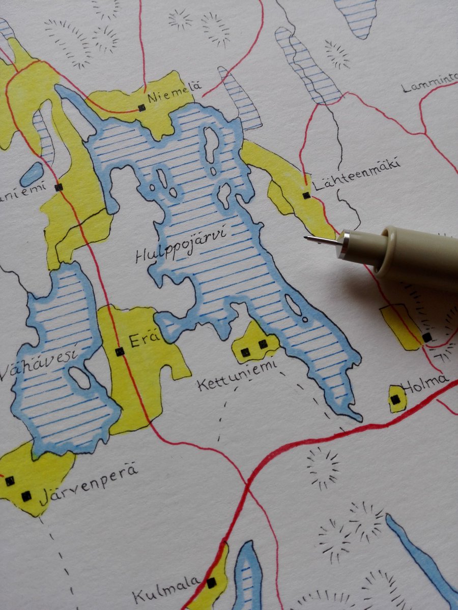 orbigraphia's tweet photo. A recent commission - a new historical map of Juhtimäki village in Ikaalinen. House locations, fields and roads from 1911 map, accurate lakes and rivers from modern maps, labels from 50's map, style from 20's maps. All compiled with light box to an exact hand drawn map. https://t.co/qcfsh9sUsS