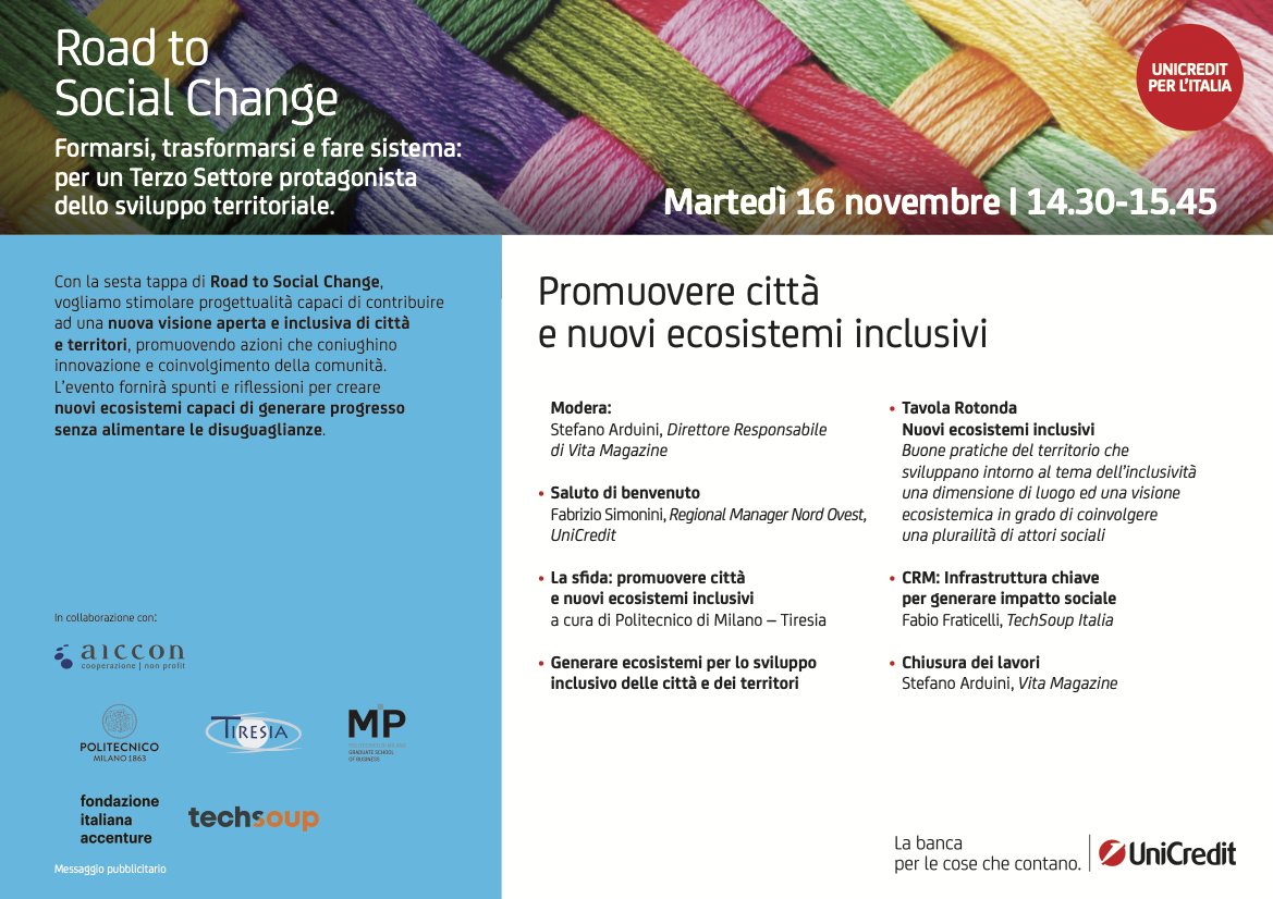 SocialTechno_it's tweet photo. [DIGITAL TALK] 
Ci sarai alla prossima tappa di #RoadtoSocialChange?  
Tema: Promuovere città e nuovi ecosistemi inclusivi
Ci vediamo online con @UniCredit_IT  @AICCONnonprofit  @Tiresia_Polimi e @FondAccenture  
Iscrizioni:
https://t.co/3cSHVvKbFz
#SocialChangeManager #nonprofit https://t.co/h1TE7q6Zvl