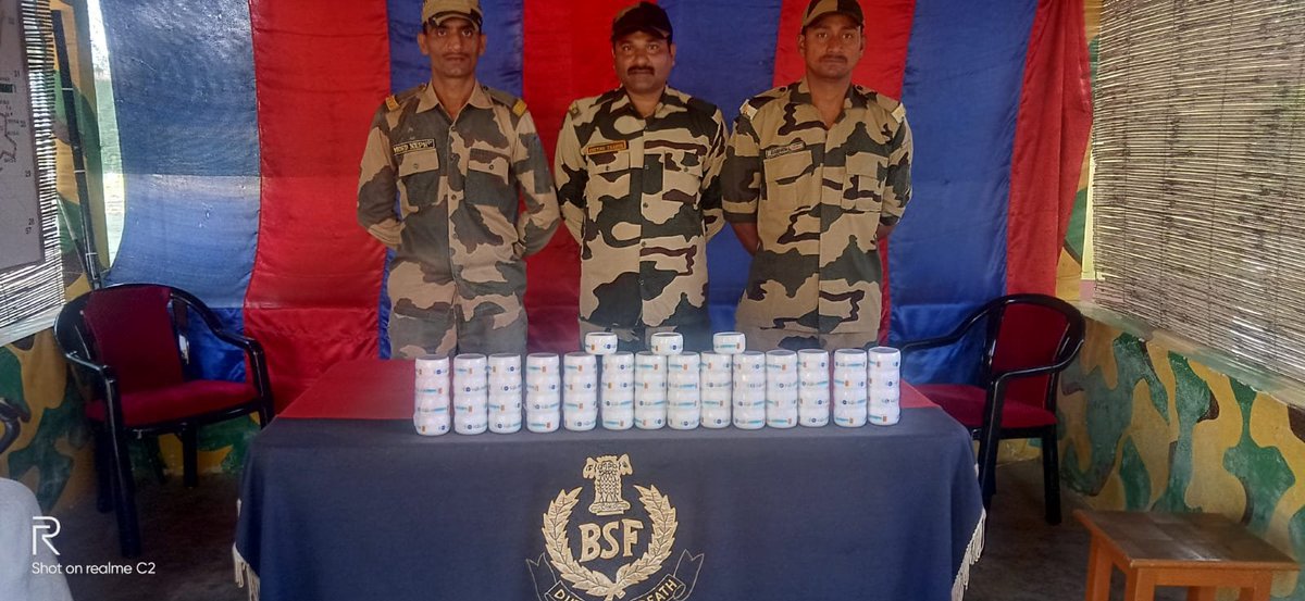 BSFNBFTR's tweet photo. In the #FightAgainstDrugs ,tps @BSFNBFTR apprehended 01DrugTrafficker a/w huge Qty of Phensedyl during a Spl Ops last night.
Besides this #vigilant #praharis seized a huge Qty of cosmetic items,sarees,veg seeds etc. in addition to rescue of 37cattle along IB,worth over ₹7.5Lacs. https://t.co/XYwNlfXIwG