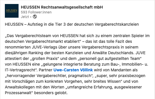 HEUSSEN_RA's tweet photo. HEUSSEN – Aufstieg in die Tier 3 der deutschen Vergaberechtskanzleien

Zur Bewertung: https://t.co/EPTcnpSw5n 

#vergaberecht
#juveawards
#juve https://t.co/hpweQhdn2b