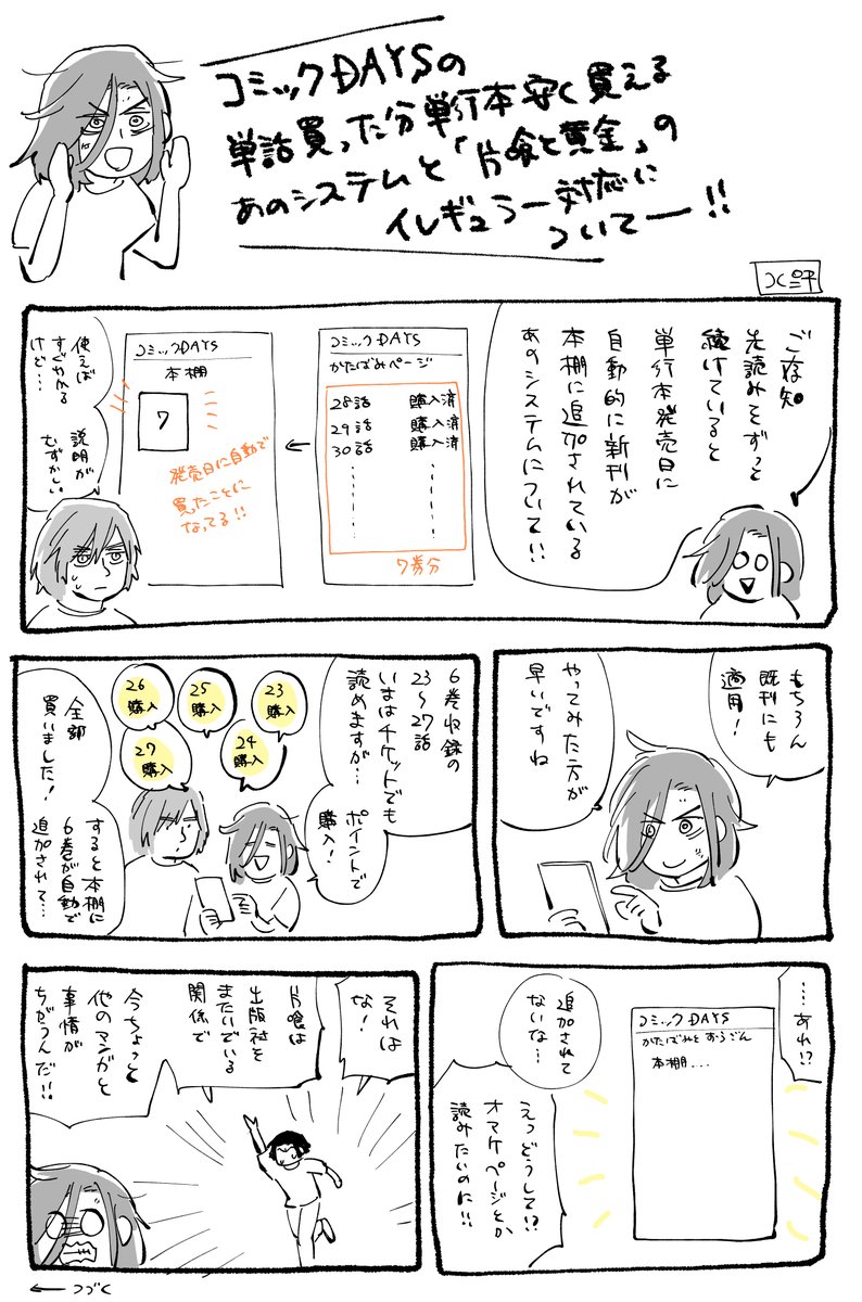 コミックDAYSヘビーユーザーさん向け。特定の巻の話売りをすべて購入すると自動的に単行本が本棚に追加
されるシステム、片喰と黄金は4月まで適用されません。すみませんがしばらくお待ちください。 