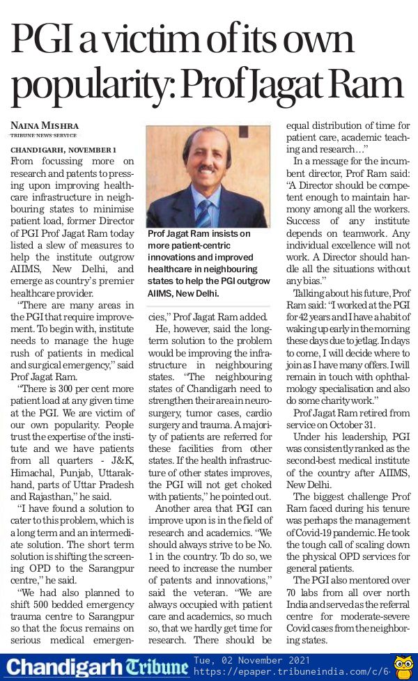 From focussing more on research to pressing upon improving healthcare infrastructure in neighbouring states to minimise patient load, former Director of PGI <a href="/DrJagatpgi/">Prof Jagat Ram</a> listed a slew of measures to help the institute outgrow AIIMS &amp; emerge as country’s premier healthcare provider