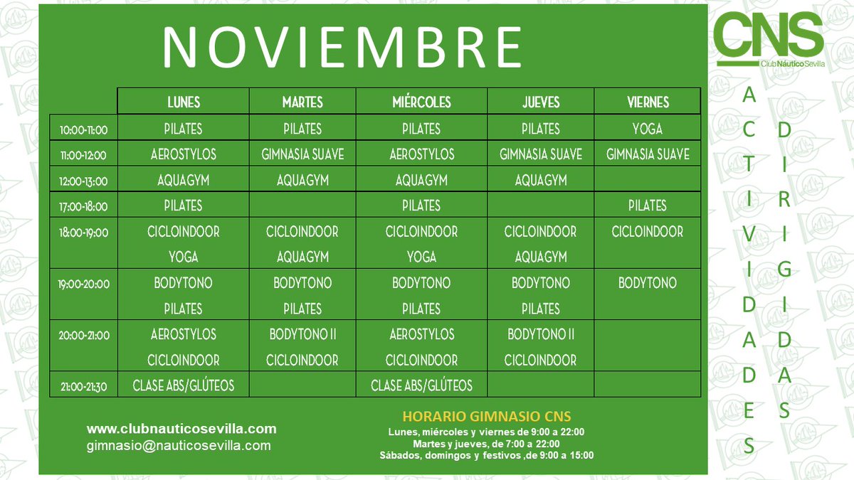 CNauticoSevilla's tweet photo. 📌🏋️♂️🧘♂️🚴♂️ #AGENDACNS Actividades dirigidas del gimnasio en noviembre
Inscripciones, a través del ÁREA DE SOCIOS WEB, con cuota única de 25€ en general y 20€ para mayores de 65 años y el tramo de 14 a 20 años. https://t.co/UnsefHv7tz