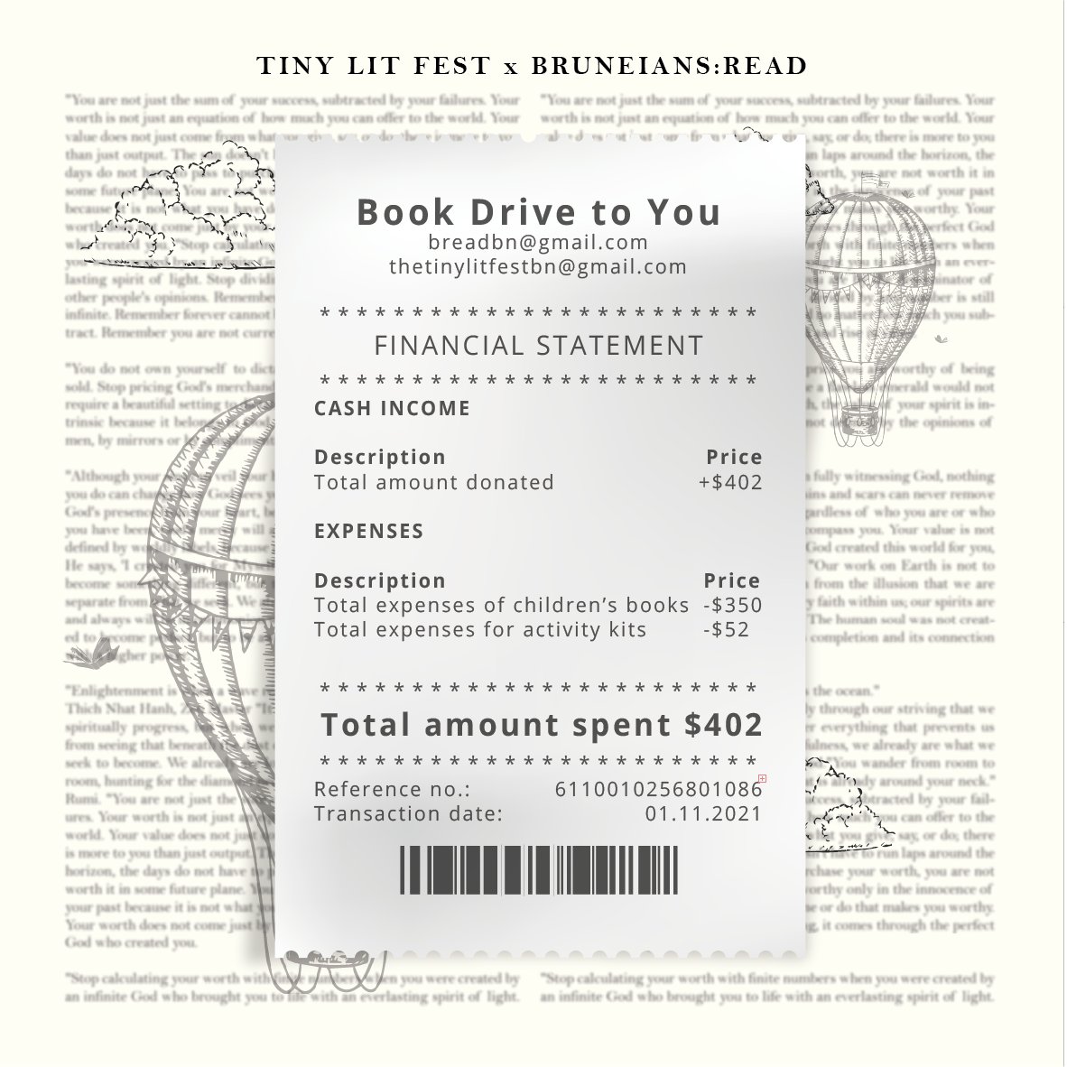 thetinylitfest's tweet photo. Teamwerk makes the dream werk!

Since starting our Book Drive to You in Sept, @thetinylitfest and @breadbn have sent out 110 books across Brunei. In Oct, your generous donations have amounted to BND402.00. https://t.co/OaQ9H12iBT