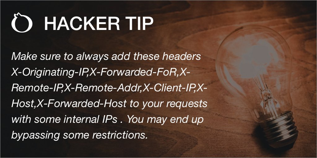 YogoshaOfficial's tweet image. [HACKER TIP] Make sure to always add these headers X-Originating-IP,X-Forwarded-FoR,X-Remote-IP,X-Remote-Addr,X-Client-IP,X-Host,X-Forwarded-Host to your requests with some internal IPs . You may end up bypassing some restrictions.

@BelkahlaAhmed1 

#bugbounty #hackertips