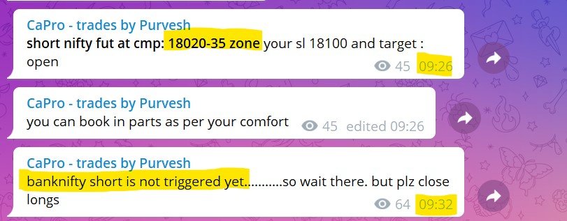 TA_Purvesh's tweet photo. Trade1: #niftyfuture short 18030 to 17880
Trade2: #bankniftyfuture short at 40150 now at 40000(open trade)
Trade3: #nifty 17600 pe 125 to 165 and again 140 to 170(trade open) total 2 round.
trade4: #nifty 179000 pe weekly from 57 to 99+
#paidchannel details in pinned tweet. https://t.co/pBga6SVg7j