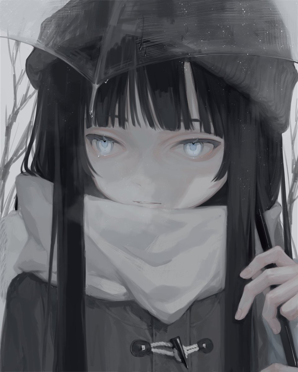 1girl solo scarf black hair long hair umbrella bangs  illustration images