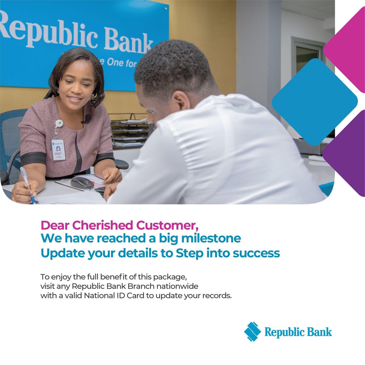 RepublicBankGh's tweet photo. Step into any Republic Bank Ghana branch with a valid ID card to update your personal details and step into success with us.
#StepIntoSuccess #Republicbankghana #BluePortal  #BeCurrent https://t.co/QCkNjreHJB