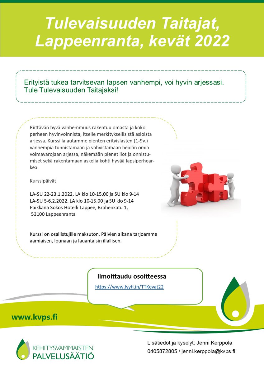 KerppolaJ's tweet photo. Erityistä tukea tarvitsevan lapsen vanhempi, voi hyvin arjessasi. Tule Tulevaisuuden Taitajaksi! 
✅Kurssi pienten erityislasten vanhemmille 
✅Paikkana Lappeenranta
✅Kurssiviikonloput, 22-23.1.2022 sekä 5-6.2.2022
✅Lisätiedot ja ilmoittatumiset @kvpsfi https://t.co/qRRfxRZzQg https://t.co/jRR02sAWxj