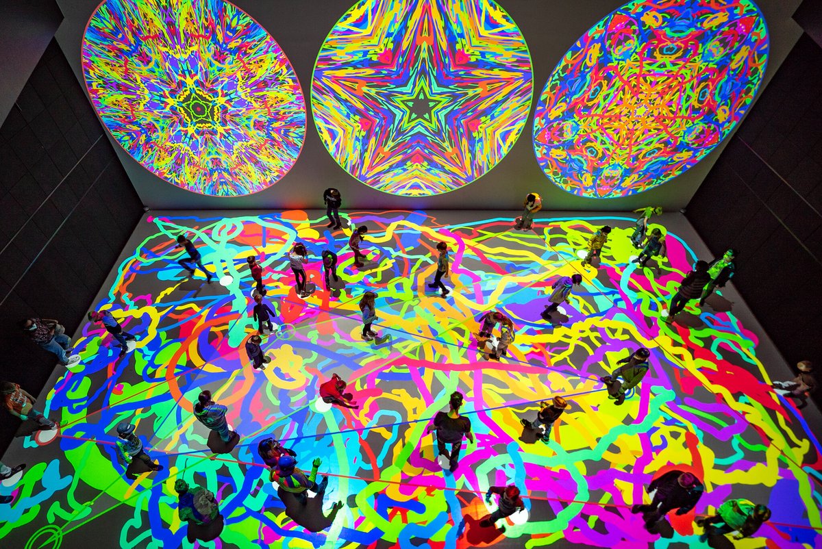 ArsElectronica's tweet photo. The work #Kaleidoscope by Gerhard Funk is a digital hommage to the magical optical instrument. Players leave marks on the floor and create their personal colorful pattern. #DeepSpace8K #CooperativeAesthetics https://t.co/W80GLmqejo https://t.co/ZobFdoC8Ca