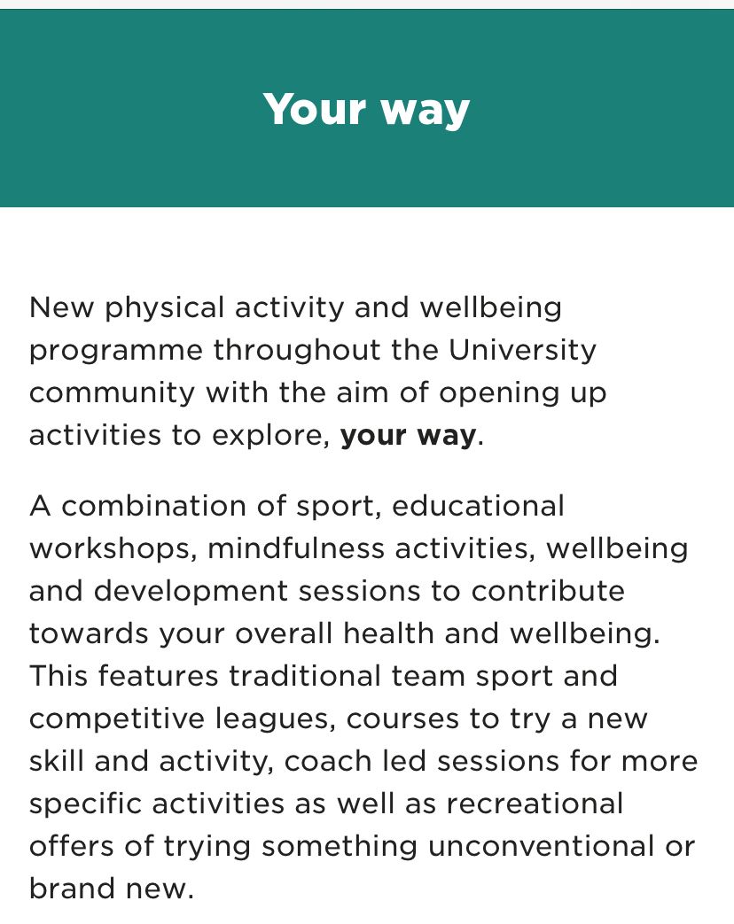 UoGSport's tweet photo. Your way | our recreational physical activity and well-being programme with a mix of face to face and online sessions accessible to all staff and students, with offerings across every campus with @uniofglos 

Aim: to get our university community more active, more often 

#yourway https://t.co/xsQCUKZVIz