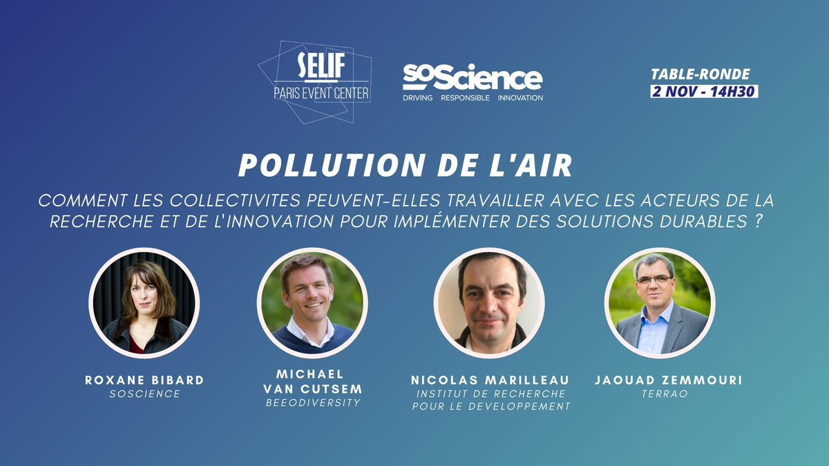SoScienceTweet's tweet photo. 📢Jour J - Aujourd'hui retrouvez-nous au @SELIF
 pour une table ronde sur la #QualitéAir / #Pollution 

📍Paris Event Center
👉 Rendez-nous à 14h30

Suivez la conférence avec le #SELIF2021 #SELIF #Tablerondes https://t.co/0qv4B0lmO3