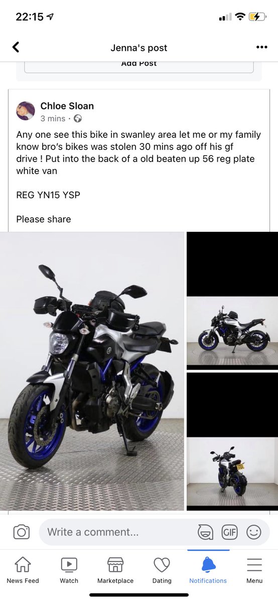 chloe7521's tweet photo. Any one see this bike in swanley area let me or my family know bro’s bikes was stolen 30 mins ago off his gf drive ! Put into the back of a old beaten up 56 reg plate white van 

BIKE REG   YN15 YSP

Please share #SWANLEY #stolen #bike #YAMAHA #swanleymarket #share #motorbike https://t.co/aEuI42xwVi