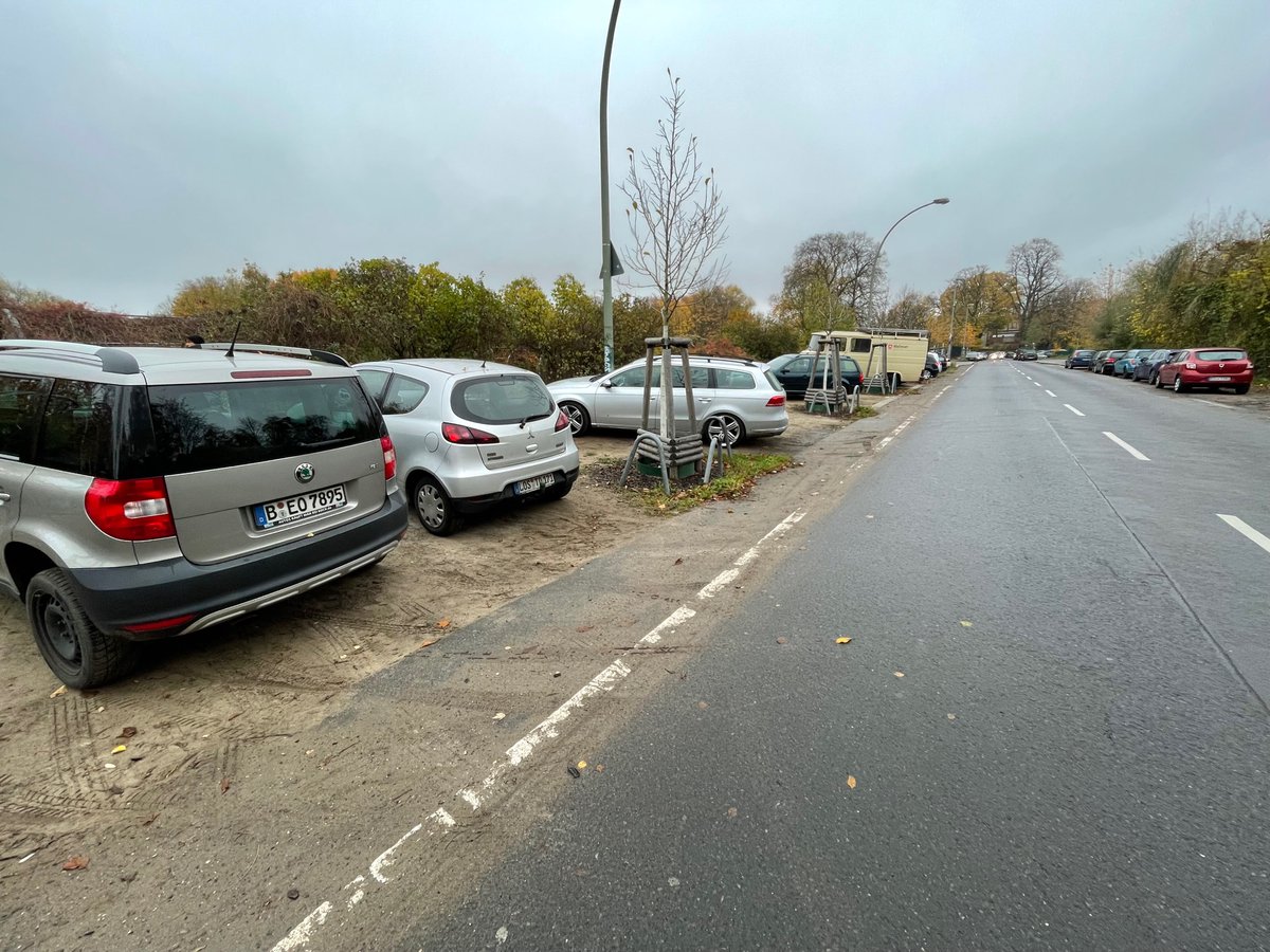 Keiner dieser 'Parkplätze' ist freigegeben, und der Untergrund ist auch überhaupt nicht geeignet. Aber Strafzettel gibt es hier nie - #ReneHatVerständnis #Pankow #StraßeVorSchönholz
