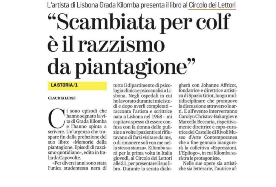 CircoloLettori's tweet photo. Su @StampaTorino l’intervista a Grada Kilomba autrice di “Memorie della piantagione” (Capovolte) al Circolo giovedì 4 novembre ore 21 nell’evento a cura di @GriotMag con @rivolicast. https://t.co/Dm6XqeKFPM