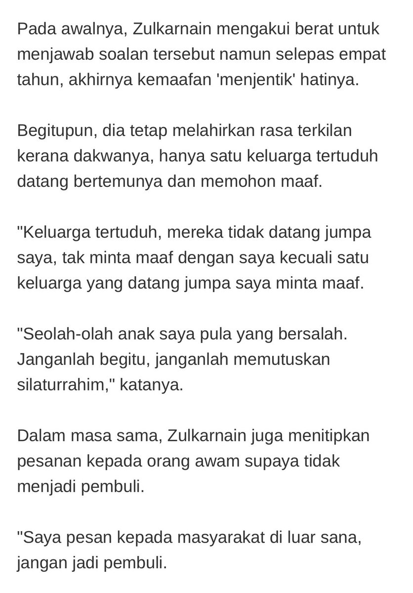AkeemSharyzal's tweet photo. Geram betul aku baca, dah la bapa arwah Zulfarhan maafkan diorang.

Pastu satu keluarga je yang datang minta maaf. 

Seolah olah keluarga Zulfarhan pulak yang bersalah. https://t.co/GSrUqvuBlZ