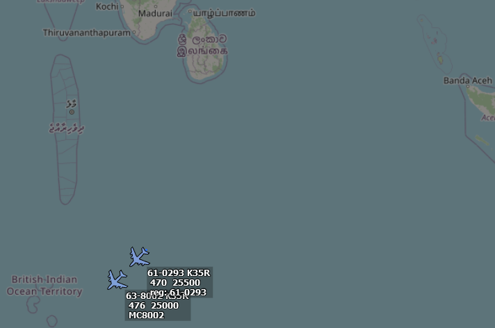 SirListenalot's tweet photo. 2 #KC135's departed Diego Garcia around 0130z on a round trip (S06E074 - S05E075 - S03E077 - N03E085 - N02E084 - S01E080 - S02E079 - LATEP) in order to refuel #B1('s) on a 379th AEW mission.
Pic shows
#AE0506 as #RAMEN21
#AE0153 as #RAMEN22
RTB at 0645z https://t.co/CvKjbjf7gP