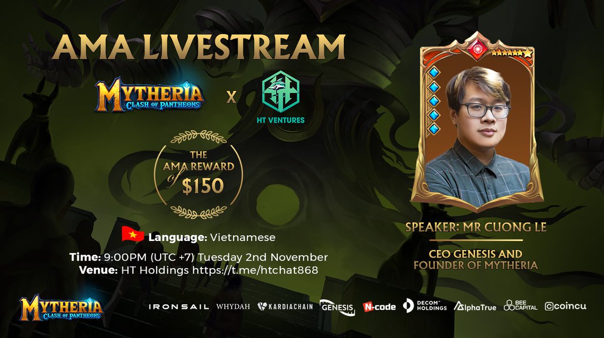 Mytheria_MYRA's tweet photo. 📣 JOIN AMA &amp; WIN $150  - Mytheria X HT Holdings 

Join us and ask Mr. Cuong Le, CEO Genesis and Founder of Mytheria all questions about the project

⏰ Time: 9:00 PM (UTC+7), Nov 2nd
🏠 Venue: https://t.co/MabJVlOjSc

#Mytheria @KardiaChain #Genesis #HTHoldings #MYRA https://t.co/jy38v55kZ2