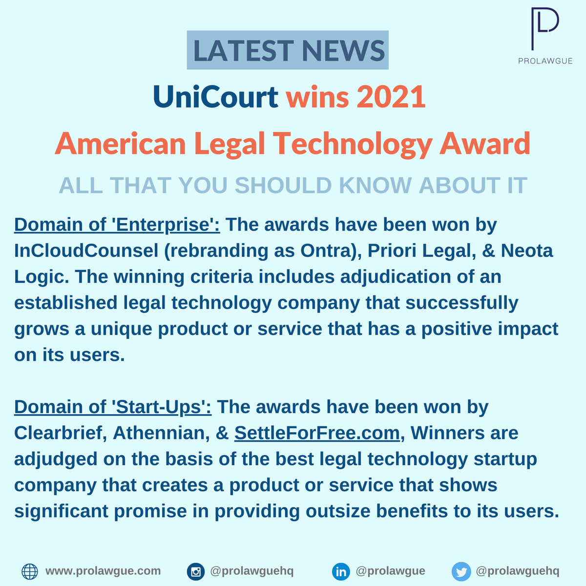 ProlawgueHQ's tweet photo. We extend hearty congratulations to @UniCourtInc, @goLawyaw, & @filevine for winning #American #LegalTech #Awards '21.
Watch our talk with @pshenoymi, COO & Co-Founder, about the goal of UniCourt: https://t.co/BZrjJkFHaj
@JoshBlandi @goclio @LegalZoom @GNGFound @ArtificialLawya https://t.co/hLlqceaOMM