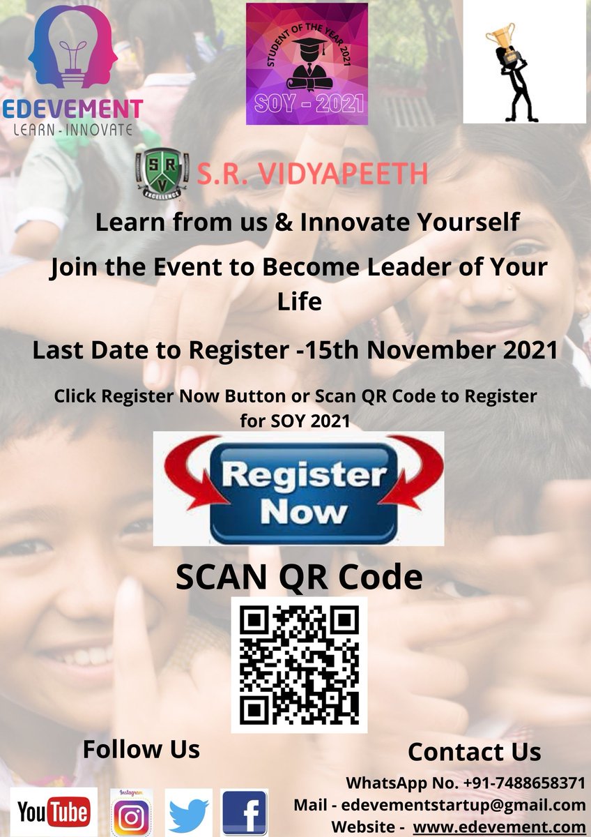 Edevement1's tweet photo. Join the SOY-2021 event and overcome your fears by learning skills from #Edevement
#edevement is going to organize SOY -2021 at S R Vidyapeeth School, Patna
All the students are requested to register now!!!
To register please visit - https://t.co/ZALLtkY369
#students #event https://t.co/dmNSnjWcSl