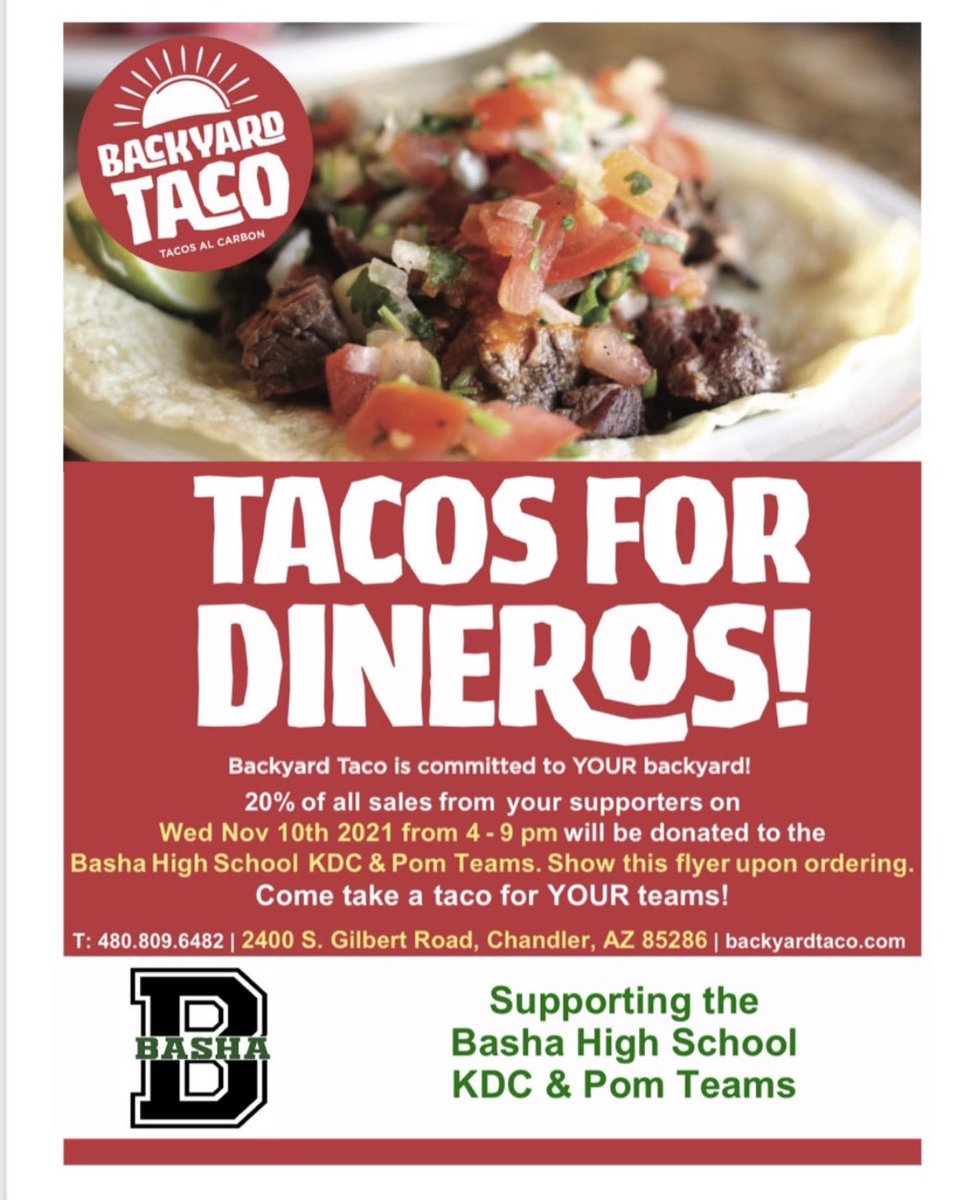 bashapom1's tweet photo. 🌮 🌮 Mark your calendars! Next Wednesday, 11/10 from 4-9pm! Please stop by and help support! @BashaAthletics @MarquesReischl  @bashagridiron @BashaCheer @coachcmcdonald @EMagana20 @bhskdc @bashastugo @bashabearden https://t.co/rZcZ80fcGZ