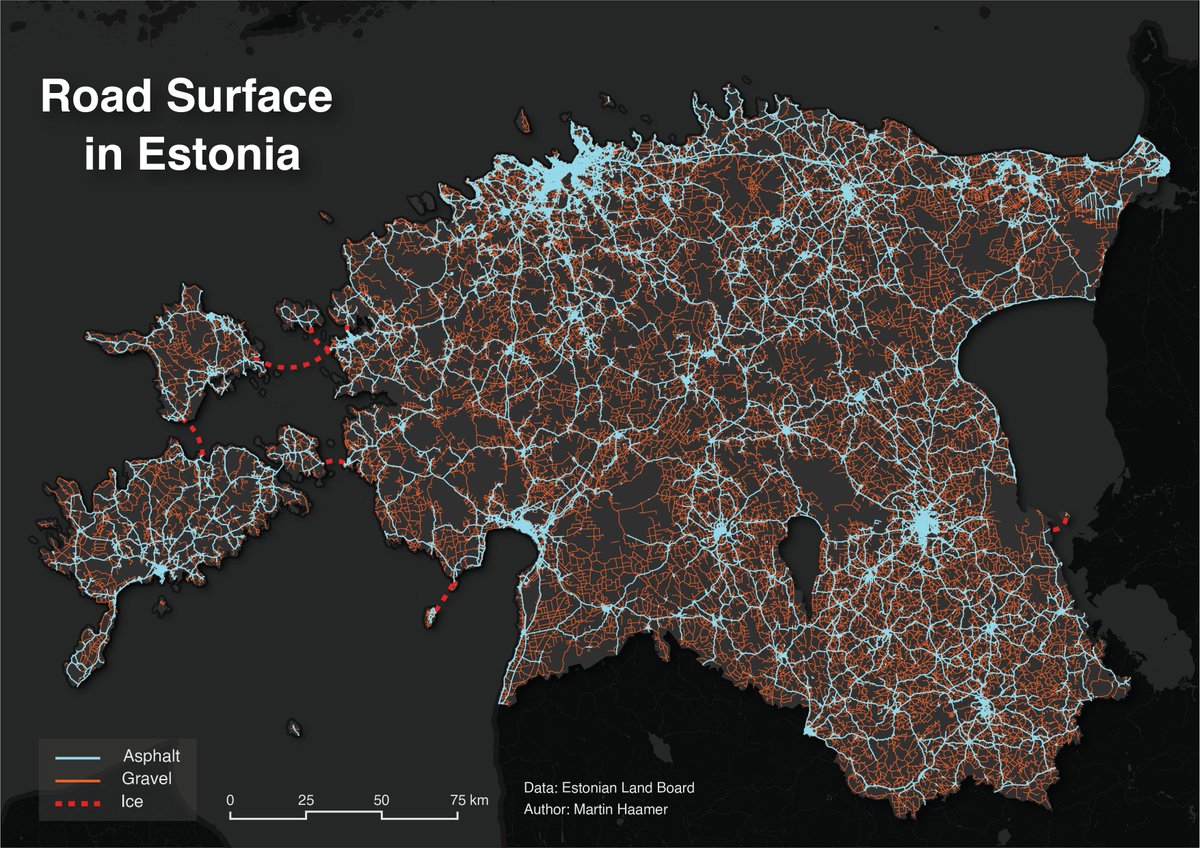 2. Lines: Road surface in Estonia featuring seasonal ice roads between the islands and mainland. The map is done with #QGIS by our MSc student Martin Haamer during #30daymapchallenge hackathon <a href="/unitartu/">University of Tartu</a>