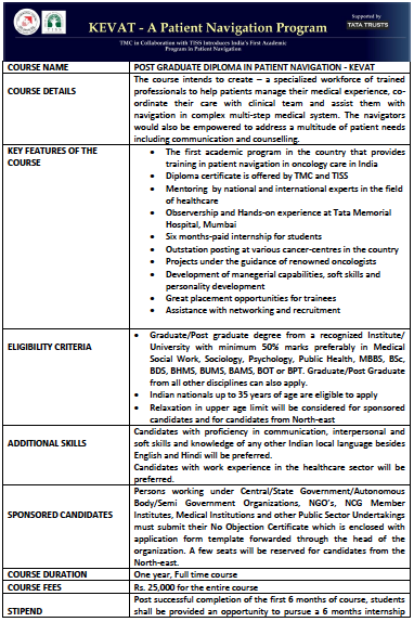 cspramesh's tweet photo. Great opportunity for formal training in patient navigation at one of the best cancer centres in the world @TataMemorial 
One-year Post Graduate Diploma in patient navigation in oncology
Online link for application at https://t.co/YgGZOcH6dx https://t.co/ZltzxkdlGm