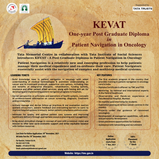 cspramesh's tweet photo. Great opportunity for formal training in patient navigation at one of the best cancer centres in the world @TataMemorial 
One-year Post Graduate Diploma in patient navigation in oncology
Online link for application at https://t.co/YgGZOcH6dx https://t.co/ZltzxkdlGm